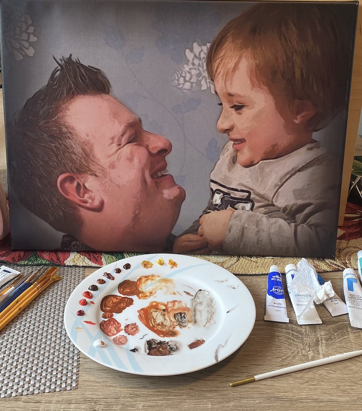Acrylic portrait of two brothers laughing together