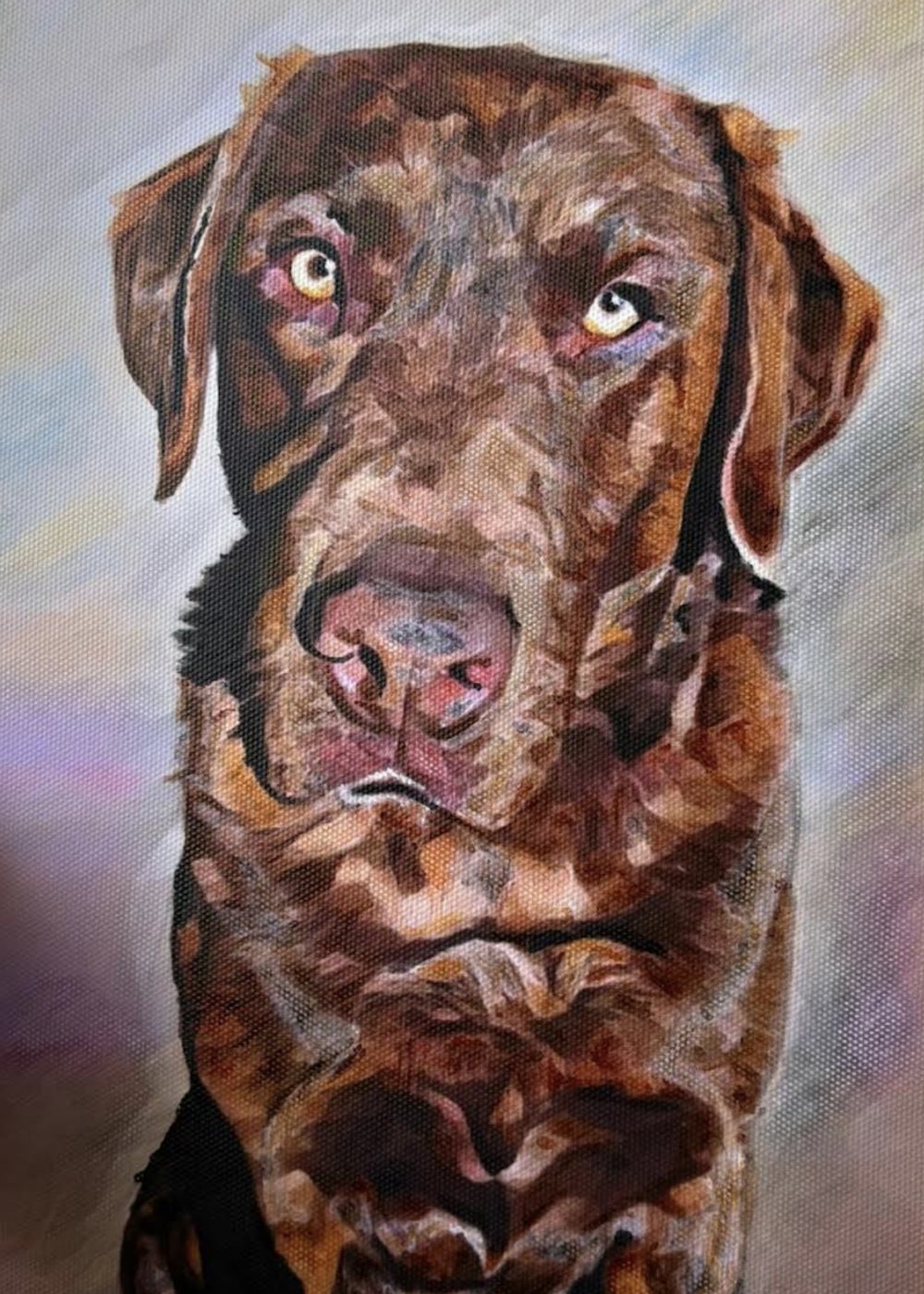 Pen and acrylic portrait of a chocolate labrador