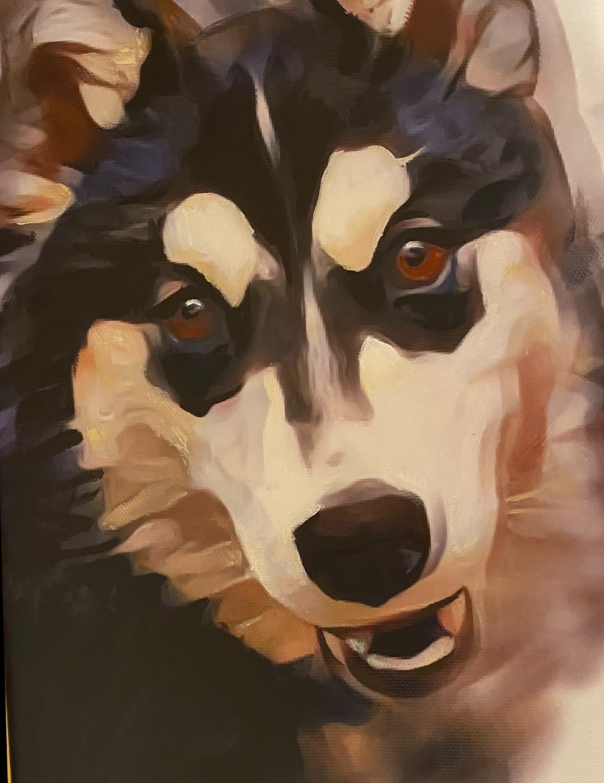 Oil painting of a smiling husky