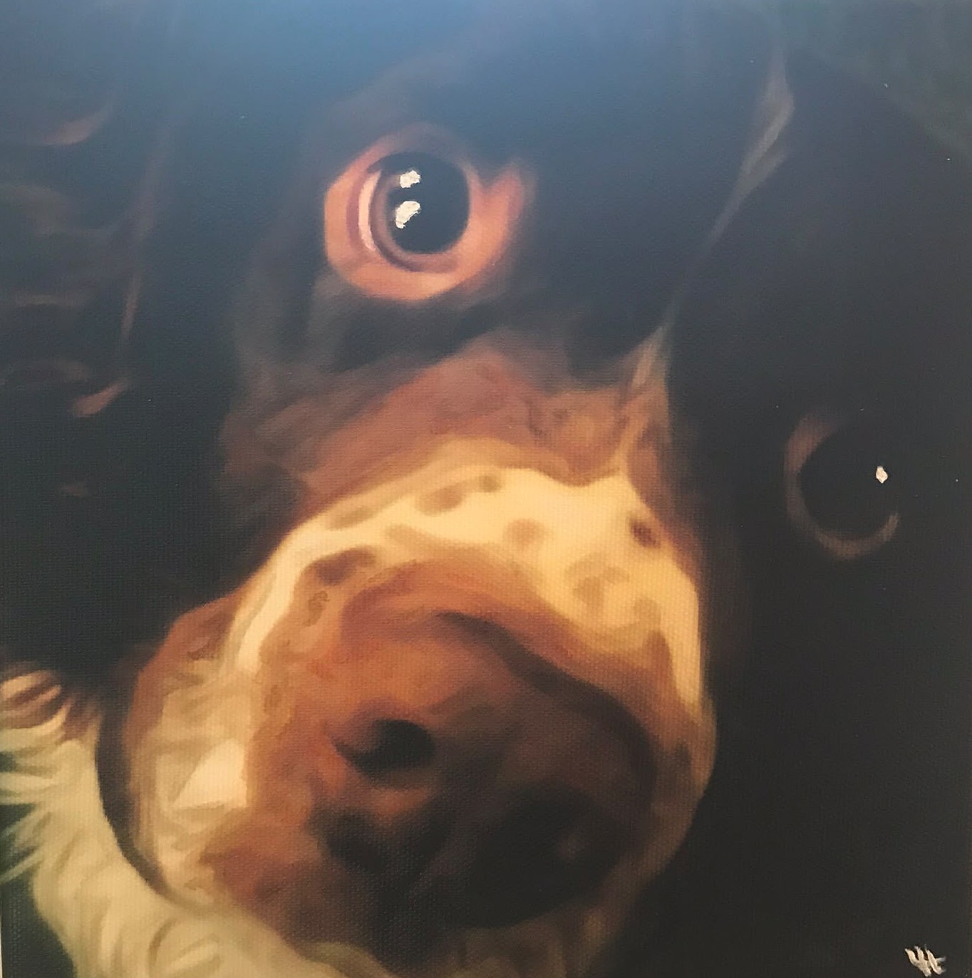 Oil painting of a spaniel looking up