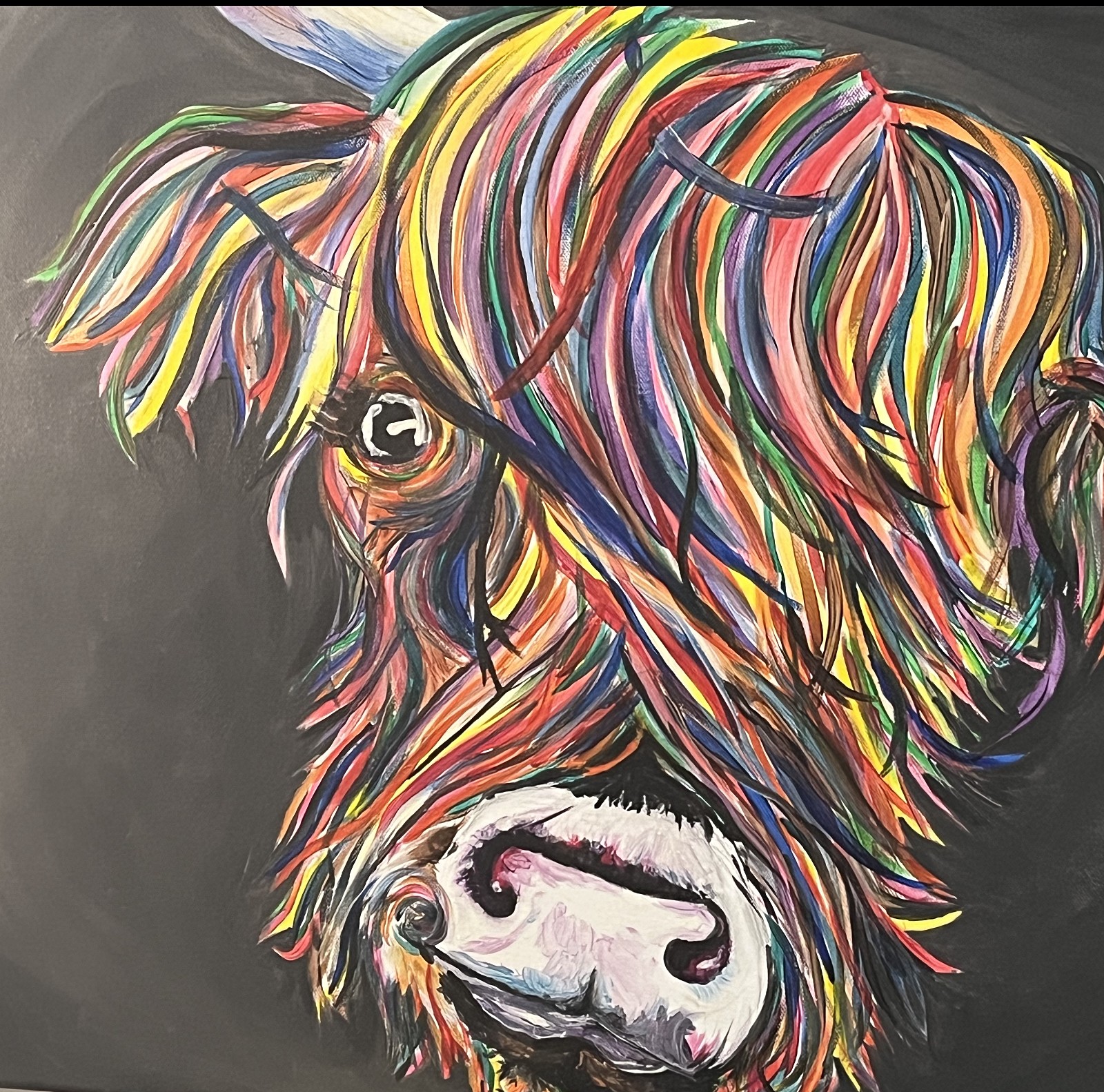 Colourful acrylic painting of a Highland cow