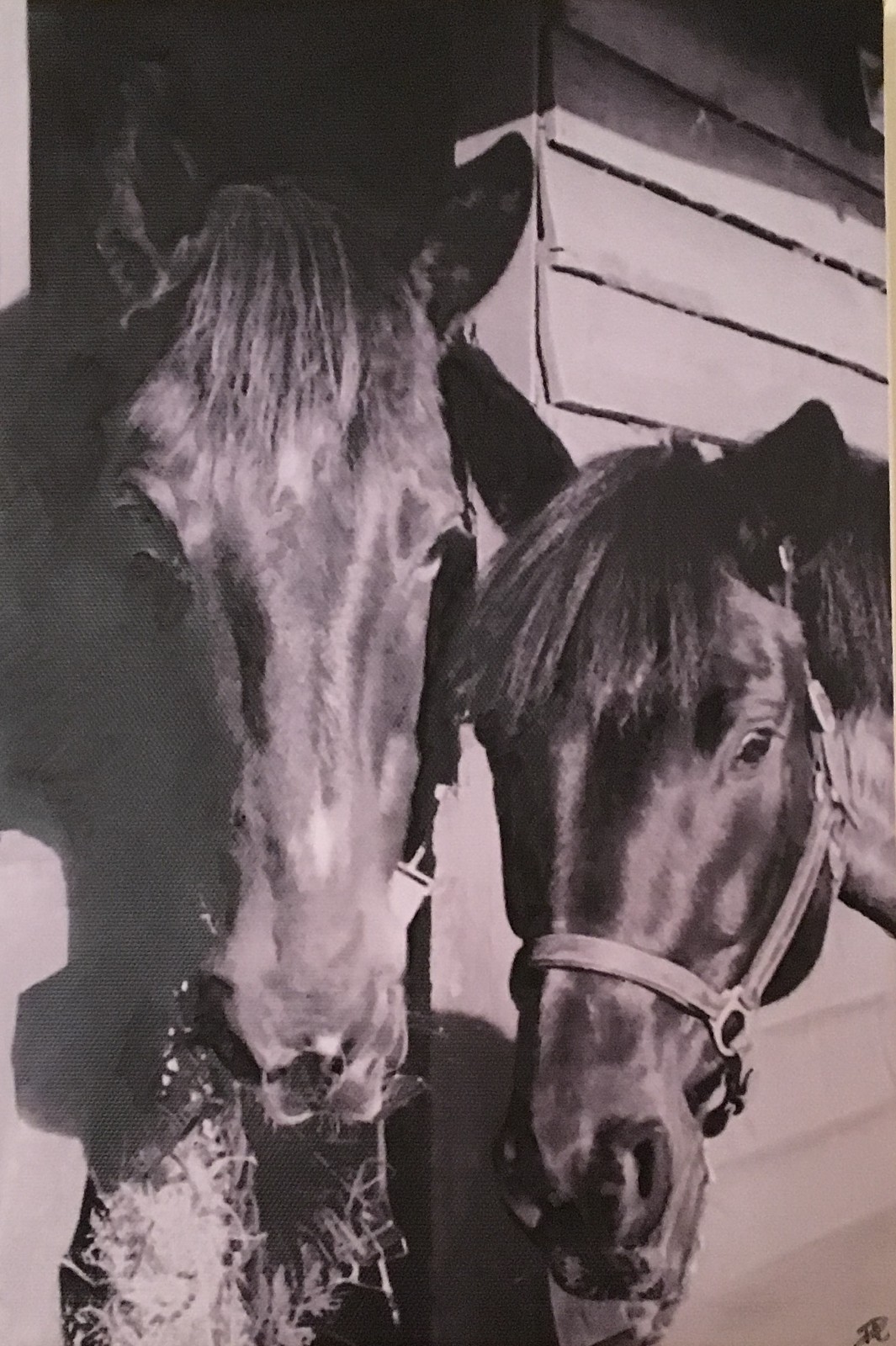 Black and white acrylic painting of two horses at a stable door
